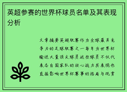 英超参赛的世界杯球员名单及其表现分析